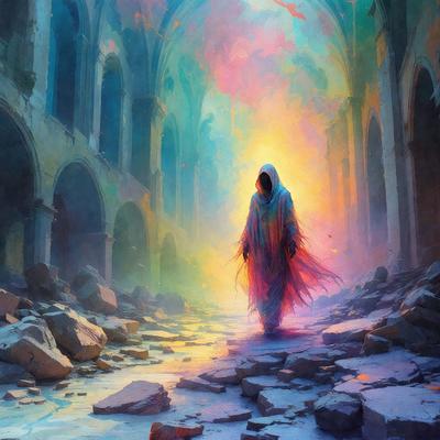 The primary subject of the image is a person, possibly a ghost or a person dressed in a ghostly costume, walking down a hallway in a building. The setting is a hallway with a colorful backdrop, which adds to the overall atmosphere of the scene. The visual style of the image is digital art, as it appears to be a painting or drawing with a digital touch. The colors and mood of the image are vibrant and mysterious, with the person's appearance and the colorful backdrop